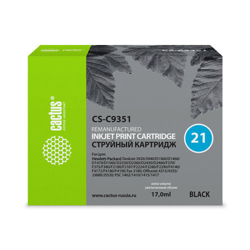 -/ Картридж струйный Cactus CS-C9351 №21 черный (17мл) для HP DJ 3920/3940/D1360/D1460/D1470/D1560/D233