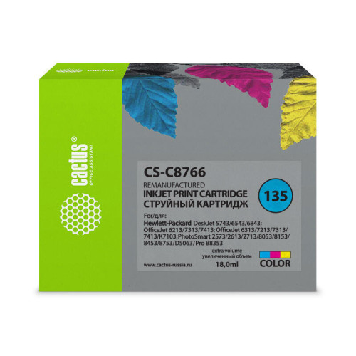 -/ Картридж струйный Cactus CS-C8766 №135 многоцветный (18мл) для HP DJ 5743/6543/6843/DJ 6213/7313/741