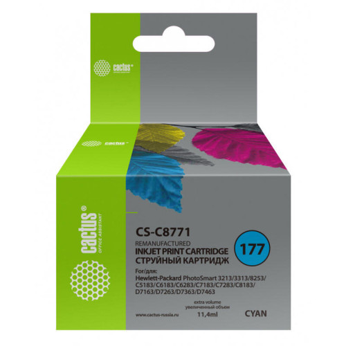 -/ Картридж струйный Cactus CS-C8771 №177 голубой (11.4мл) для HP PS 3213/3313/8253/C5183/C6183/C6283/C -/ Картридж струйный Cactus CS-C8771 №177 голубой (11.4мл) для HP PS 3213/3313/8253/C5183/C6183/C6283/C