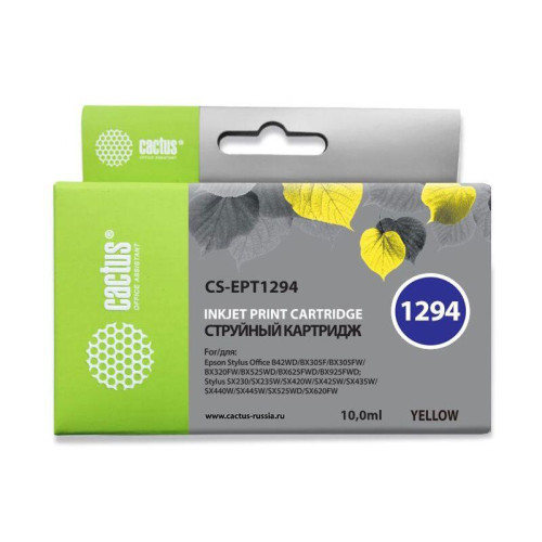 -/ Картридж струйный Cactus CS-EPT1294 T1294 желтый (10мл) для Epson B42/BX305/BX305F/BX320/BX525/BX625 -/ Картридж струйный Cactus CS-EPT1294 T1294 желтый (10мл) для Epson B42/BX305/BX305F/BX320/BX525/BX625