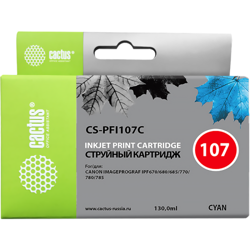 -/ Картридж струйный Cactus CS-PFI107C синий (130мл) для Canon IP iPF670/iPF680/iPF685/iPF770/iPF780/iP