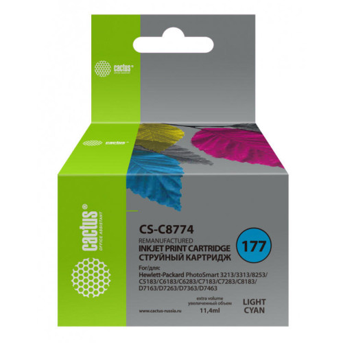 -/ Картридж струйный Cactus CS-C8774 №177 светло-голубой (11.4мл) для HP PS 3213/3313/8253/C5183/C6183/ -/ Картридж струйный Cactus CS-C8774 №177 светло-голубой (11.4мл) для HP PS 3213/3313/8253/C5183/C6183/