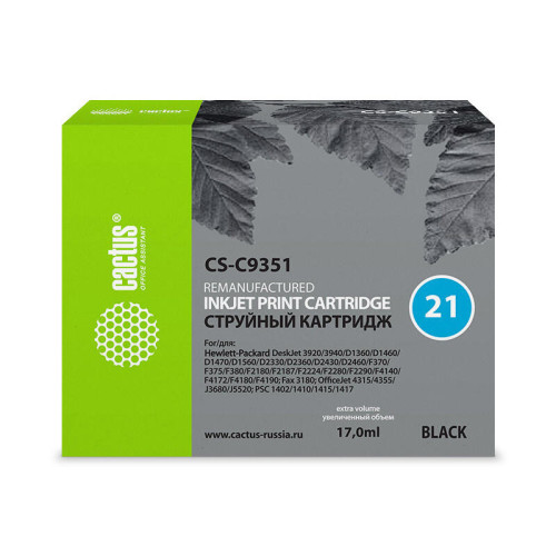 -/ Картридж струйный Cactus CS-C9351 №21 черный (17мл) для HP DJ 3920/3940/D1360/D1460/D1470/D1560/D233