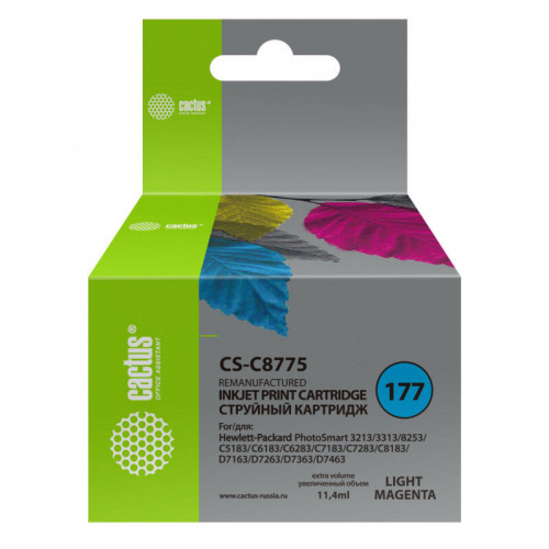 -/ Картридж струйный Cactus CS-C8775 №177 светло-пурпурный (11.4мл) для HP PS 3213/3313/8253/C5183/C618 -/ Картридж струйный Cactus CS-C8775 №177 светло-пурпурный (11.4мл) для HP PS 3213/3313/8253/C5183/C618