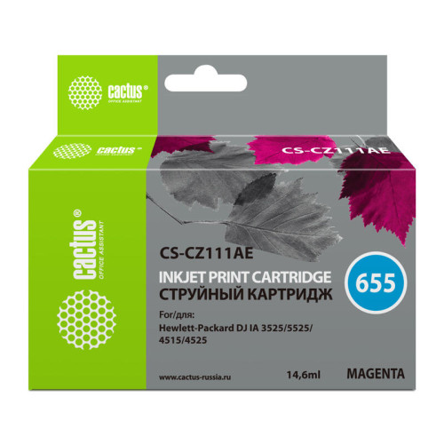 -/ Картридж струйный Cactus CS-CZ111AE №655 пурпурный (14.6мл) для HP DJ IA 3525/5525/4525 -/ Картридж струйный Cactus CS-CZ111AE №655 пурпурный (14.6мл) для HP DJ IA 3525/5525/4525
