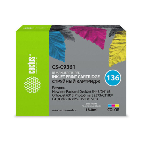 -/ Картридж струйный Cactus CS-C9361 №136 многоцветный (18мл) для HP DJ 5443/D4163/DJ 6313/PS 2573/C318 -/ Картридж струйный Cactus CS-C9361 №136 многоцветный (18мл) для HP DJ 5443/D4163/DJ 6313/PS 2573/C318