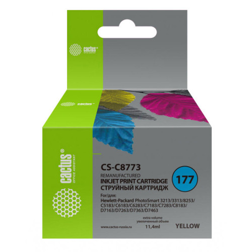 -/ Картридж струйный Cactus CS-C8773 №177 желтый (11.4мл) для HP PS 3213/3313/8253/C5183/C6183/C6283/C7