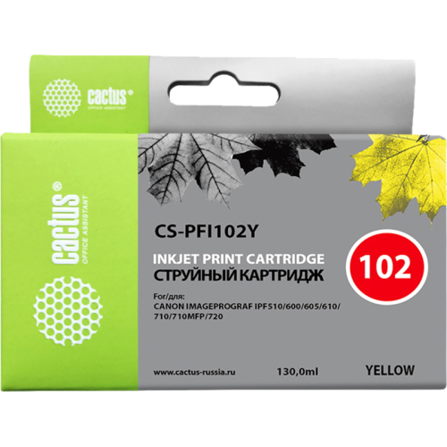 -/ Картридж струйный Cactus CS-PFI102Y желтый (130мл) для Canon IP iPF500/iPF600/iPF700/MFP M40/iPF765/