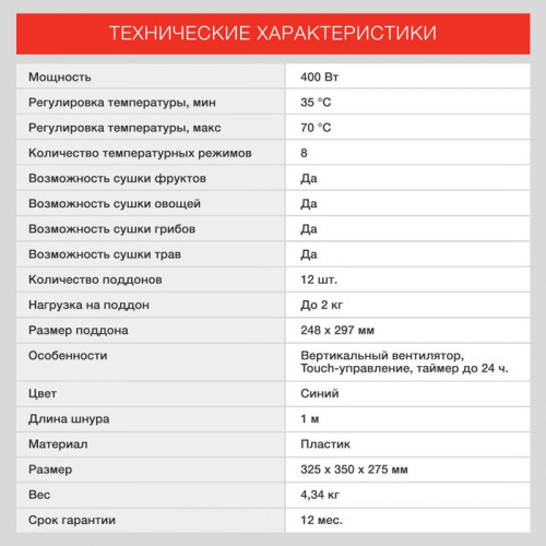 Сушка для фруктов и овощей Starwind SFD9535 12под. 400Вт синий
