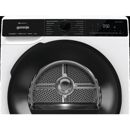 Сушильная машина Gorenje/ Сушильная машина Gorenje, 8 кг, 15 программ, цифровой дисплей с индикацией времени, Wi-Fi управление, подсветка барабана, тепловой насос, сенсор влажности белья, реверсивное вращение барабана, защита от сминания, половинная загру