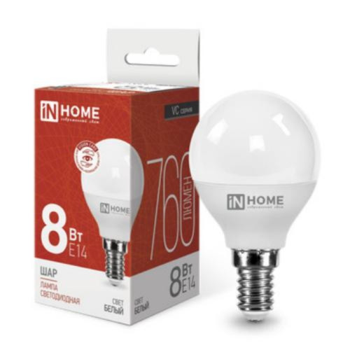 Лампа светодиодная/ Лампа светодиодная LED-ШАР-VC 8Вт 230В Е14 4000К 760Лм IN HOME
