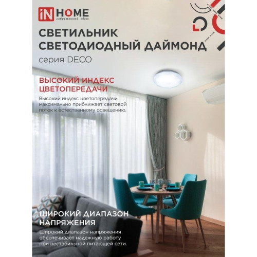 Светильник светодиодный серии/ Светильник светодиодный серии DECO ДАЙМОНД 36Вт 230В 6500К 3240Лм 380х55мм IN HOME