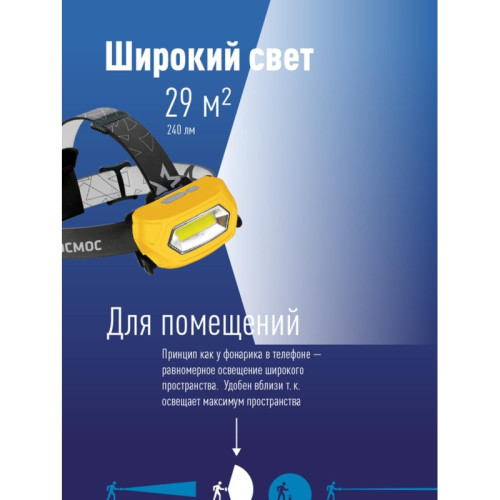 Фонарь налобный аккумуляторный/ Фонарь налобный аккумуляторный, 3W COB LED, аккумулятор 3,7V 800mAh, 210Lm, 6 часов