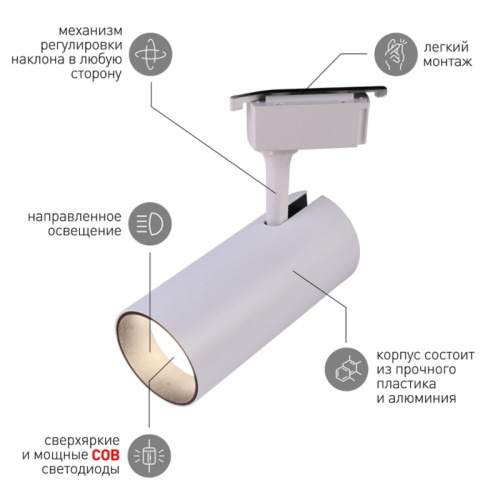 Светильник трековый однофазный/ Светильник трековый однофазный TR5-30 COB WH 30 ватт 4000К 2100Лм белый