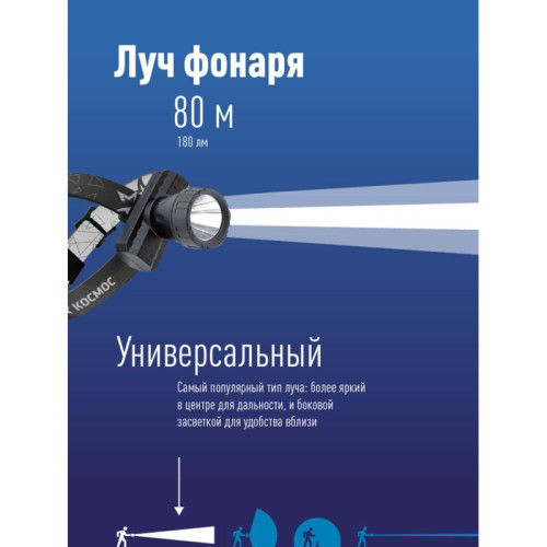 Фонарь налобный аккумуляторный/ Фонарь налобный аккумуляторный, 3W, аккумулятор 3,7V 1Ah, 180Лм, 6 часов