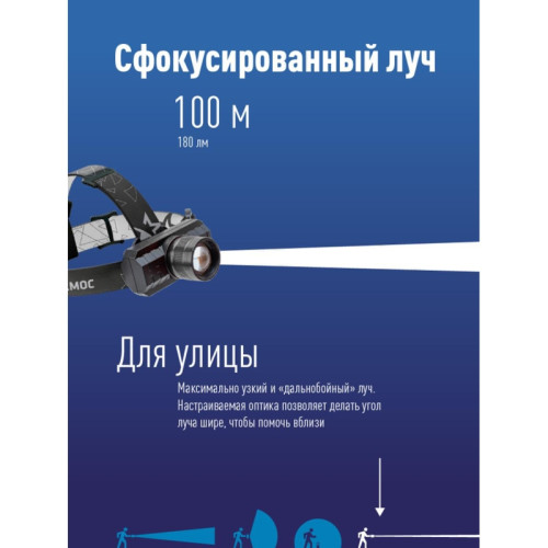 Фонарь налобный аккумуляторный/ Фонарь налобный аккумуляторный, 3W, аккумулятор 3,7V 1,2Ah, 180Лм, 8 часов