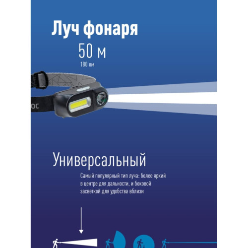 Фонарь налобный аккумуляторный/ Фонарь налобный аккумуляторный, 3W, аккумулятор 3,7V 1,2Ah, 180Lm, 8 часов