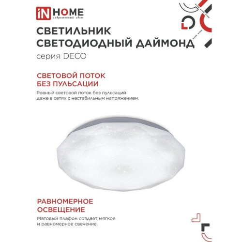 Светильник светодиодный серии/ Светильник светодиодный серии DECO ДАЙМОНД 36Вт 230В 6500К 3240Лм 380х55мм IN HOME