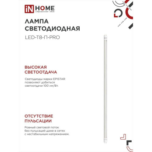 Лампа светодиодная/ Лампа светодиодная LED-T8-П-PRO 20Вт 230В G13 6500К 2000Лм 1200мм прозрачная IN HOME