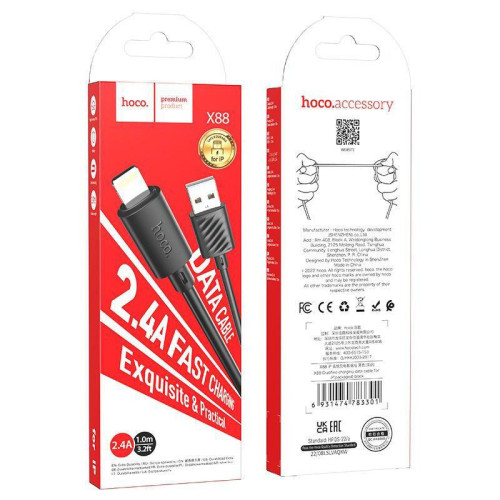Кабель Hoco X88 Gratified USB (m)-Lightning (m) 1м черный коробка