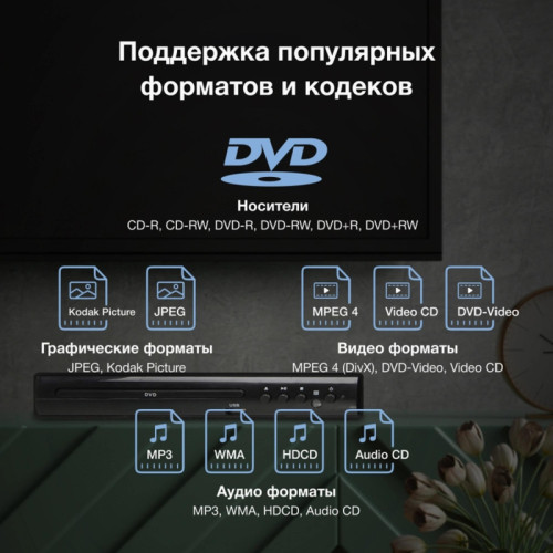 Плеер DVD/ Плеер DVD Hyundai H-DVD100 черный ПДУ