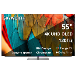 55'' OLED, Ultra HD, Google TV, 900Nit, Bluetooth, 120Hz, Freesync Premium (AMD), 2.1.2 ch (2*12W+20W SUB+5W*2) Dolby Atmos, 4хHDMI, 2хUSB, Digital Audio Output, Composite output, LAN,CI, динамическая подсветка при включении, подставка с функцией поворота