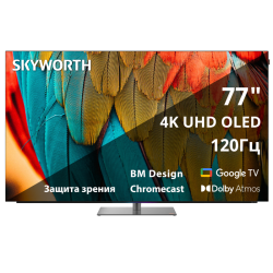 77'' OLED, Ultra HD, Google TV, 900Nit, Bluetooth, 120Hz, Freesync Premium (AMD), 2.1.2 ch (2*15W+25W SUB+5W*2) Dolby Atmos, 4хHDMI, 2хUSB, Digital Audio Output, Composite output, LAN,CI, динамическая подсветка при включении, подставка с функцией поворота