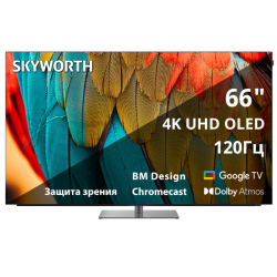 65'' OLED, Ultra HD, Google TV, 900Nit, Bluetooth, 120Hz, Freesync Premium (AMD), 2.1.2 ch (2*12W+20W SUB+5W*2) Dolby Atmos, 4хHDMI, 2хUSB, Digital Audio Output, Composite output, LAN,CI, динамическая подсветка при включении, подставка с функцией поворота