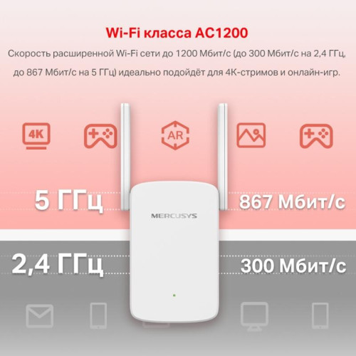 Усилитель Wi-Fi/ AC1200 dual-band Wi-Fi Range Extender/Singal Amplifier, 2 external antennas, 1 10/100Mbps RJ-45 port, support AP/RE mode, 1 WPS button