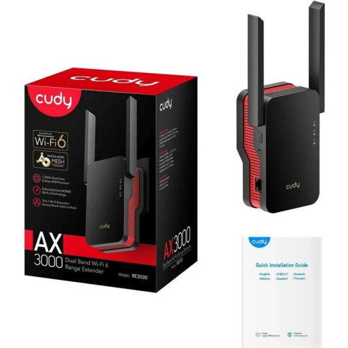 Маршрутизатор CUDY AX3000 WiFi 6 Mesh Repeater , AP mode, Chipset MediaTek, Cudy Mesh Support,  2402Mbps at 5GHz + 574Mbps at 2.4GHz, 802.11ax/ac/a/b/g/n,  1 Gigabit Ethernet Port, WPS button, Intelligent Signal Light, WPA3, LED control