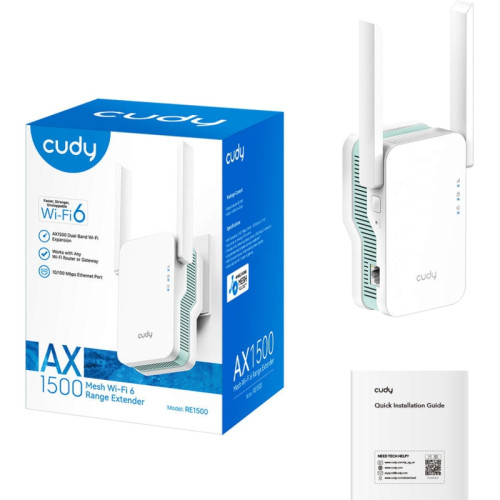 Усилитель сигнала CUDY RE1500 Wi-Fi 6 AX1500 с поддержкой Mesh, режим точки доступа, чипсет: MediaTek, Cudy Mesh, скорость Wi-Fi: до 300 Мбит/с (2,4 ГГц) + до 1201 Мбит/с (5 ГГц), стандарты Wi-Fi: 802.11a/b/g/n/ac/ax, 1 порт Ethernet 10/100 Мбит/с, кноп