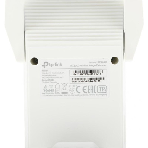 Усилитель Wi-Fi/ AX3000 Wi-Fi 6 Range Extender, 574 Mbps at 2.4 GHz + 2402 Mbps at 5 GHz, 2 ? External Antennas, 1 ? Gigabit Port, Qualcomm 1.0GHz Dual-Core CPU, 1024 QAM, HE160, Wall Plugged