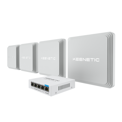 Маршрутизатор/ Набор Keenetic Orbiter Pro 4-Pack Гигабитный интернет-центр с Mesh Wi-Fi 5 AC1300, 2-портовым Smart-коммутатором, переключателем режима роутер/ретранслятор и питанием Power over Ethernet (БП не входят в комплект) и Keenetic PoE+ Switch 5 (K