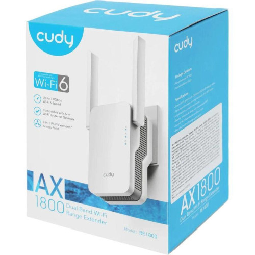 Маршрутизатор CUDY AX1800 Wi-Fi 6 Mesh Repeater, AP mode, Chipset MediaTek, Cudy Mesh Support,  1201Mbps at 5GHz + 574Mbps at 2.4GHz, 802.11ax/ac/a/b/g/n,  1 Gigabit ethernet Port, WPS button, Intelligent Signal Light, WPA3, LED control