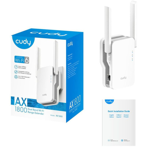 Маршрутизатор CUDY AX1800 Wi-Fi 6 Mesh Repeater, AP mode, Chipset MediaTek, Cudy Mesh Support,  1201Mbps at 5GHz + 574Mbps at 2.4GHz, 802.11ax/ac/a/b/g/n,  1 Gigabit ethernet Port, WPS button, Intelligent Signal Light, WPA3, LED control