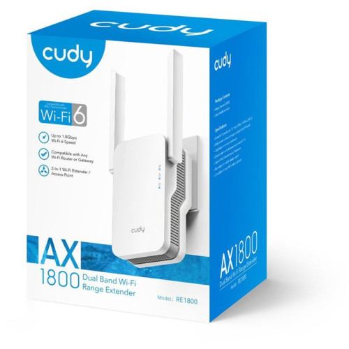 Маршрутизатор CUDY AX1800 Wi-Fi 6 Mesh Repeater, AP mode, Chipset MediaTek, Cudy Mesh Support,  1201Mbps at 5GHz + 574Mbps at 2.4GHz, 802.11ax/ac/a/b/g/n,  1 Gigabit ethernet Port, WPS button, Intelligent Signal Light, WPA3, LED control