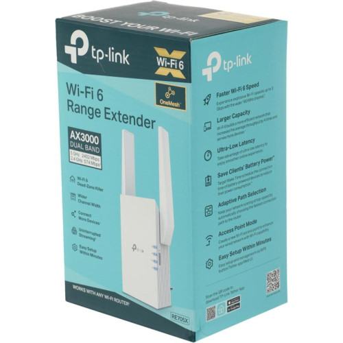 Усилитель Wi-Fi/ AX3000 Wi-Fi 6 Range Extender, 574 Mbps at 2.4 GHz + 2402 Mbps at 5 GHz, 2 ? External Antennas, 1 ? Gigabit Port, Qualcomm 1.0GHz Dual-Core CPU, 1024 QAM, HE160, Wall Plugged