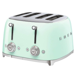 Тостер на 4 ломтика, Цвет пастельный зеленый; Функции: подогрев, размораживание, багель; 6 уровней поджаривания; Съемный поддон для крошек.