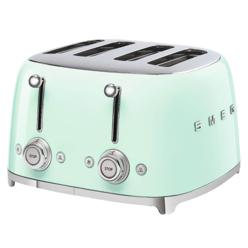 Тостер на 4 ломтика, Цвет пастельный зеленый; Функции: подогрев, размораживание, багель; 6 уровней поджаривания; Съемный поддон для крошек.