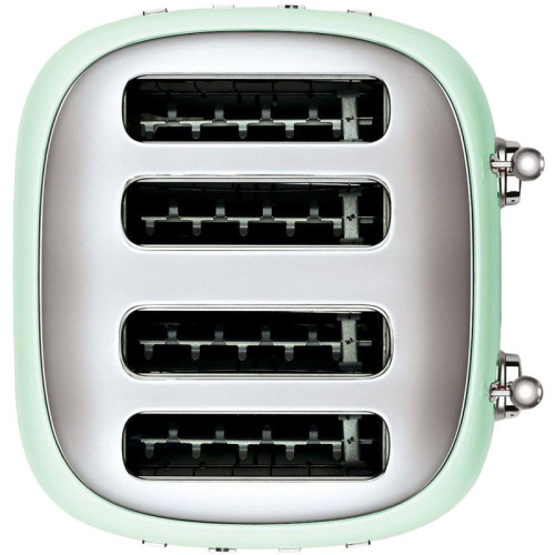 Тостер на 4 ломтика, Цвет пастельный зеленый; Функции: подогрев, размораживание, багель; 6 уровней поджаривания; Съемный поддон для крошек.