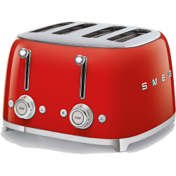 Тостер на 4 ломтика, Цвет красный; Функции: подогрев, размораживание, багель; 6 уровней поджаривания; Съемный поддон для крошек.