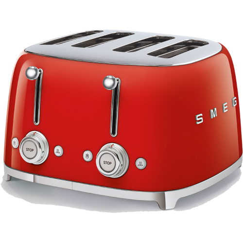 Тостер на 4 ломтика, Цвет красный; Функции: подогрев, размораживание, багель; 6 уровней поджаривания; Съемный поддон для крошек.
