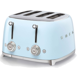 Тостер на 4 ломтика, Цвет пастельный голубой; Функции: подогрев, размораживание, багель; 6 уровней поджаривания; Съемный поддон для крошек.