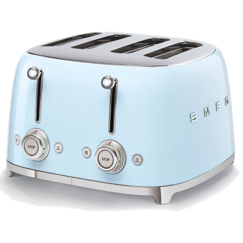 Тостер на 4 ломтика, Цвет пастельный голубой; Функции: подогрев, размораживание, багель; 6 уровней поджаривания; Съемный поддон для крошек.
