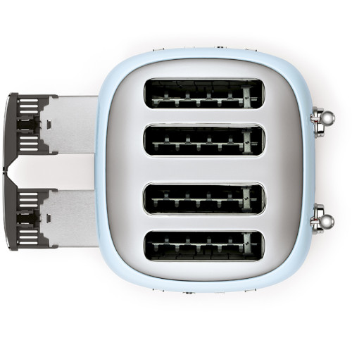 Тостер на 4 ломтика, Цвет пастельный голубой; Функции: подогрев, размораживание, багель; 6 уровней поджаривания; Съемный поддон для крошек.