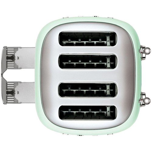 Тостер на 4 ломтика, Цвет пастельный зеленый; Функции: подогрев, размораживание, багель; 6 уровней поджаривания; Съемный поддон для крошек.