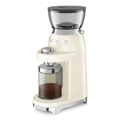 Кофемолка SMEG, стиль 50-х г.г., 15 уровней помола, конические жернова, объем контейнера для кофе 240 г, цвет сталь Кофемолка SMEG, стиль 50-х г.г., 15 уровней помола, конические жернова, объем контейнера для кофе 240 г, цвет сталь