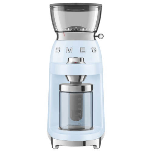 Кофемолка SMEG, стиль 50-х г.г., 15 уровней помола, конические жернова, объем контейнера для кофе 240 г, цвет пастельный голубой