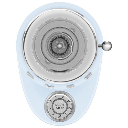 Кофемолка SMEG, стиль 50-х г.г., 15 уровней помола, конические жернова, объем контейнера для кофе 240 г, цвет пастельный голубой