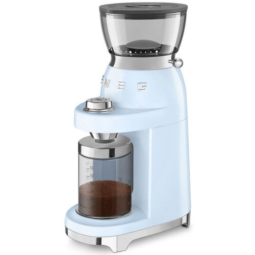 Кофемолка SMEG, стиль 50-х г.г., 15 уровней помола, конические жернова, объем контейнера для кофе 240 г, цвет пастельный голубой